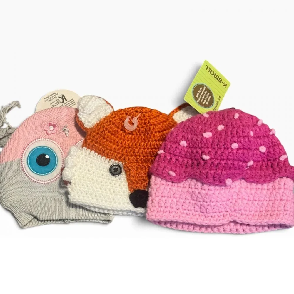 3-Piece Infant/Toddler Knit & Crochet Animal & Cupcake Beanie Hat Lot.